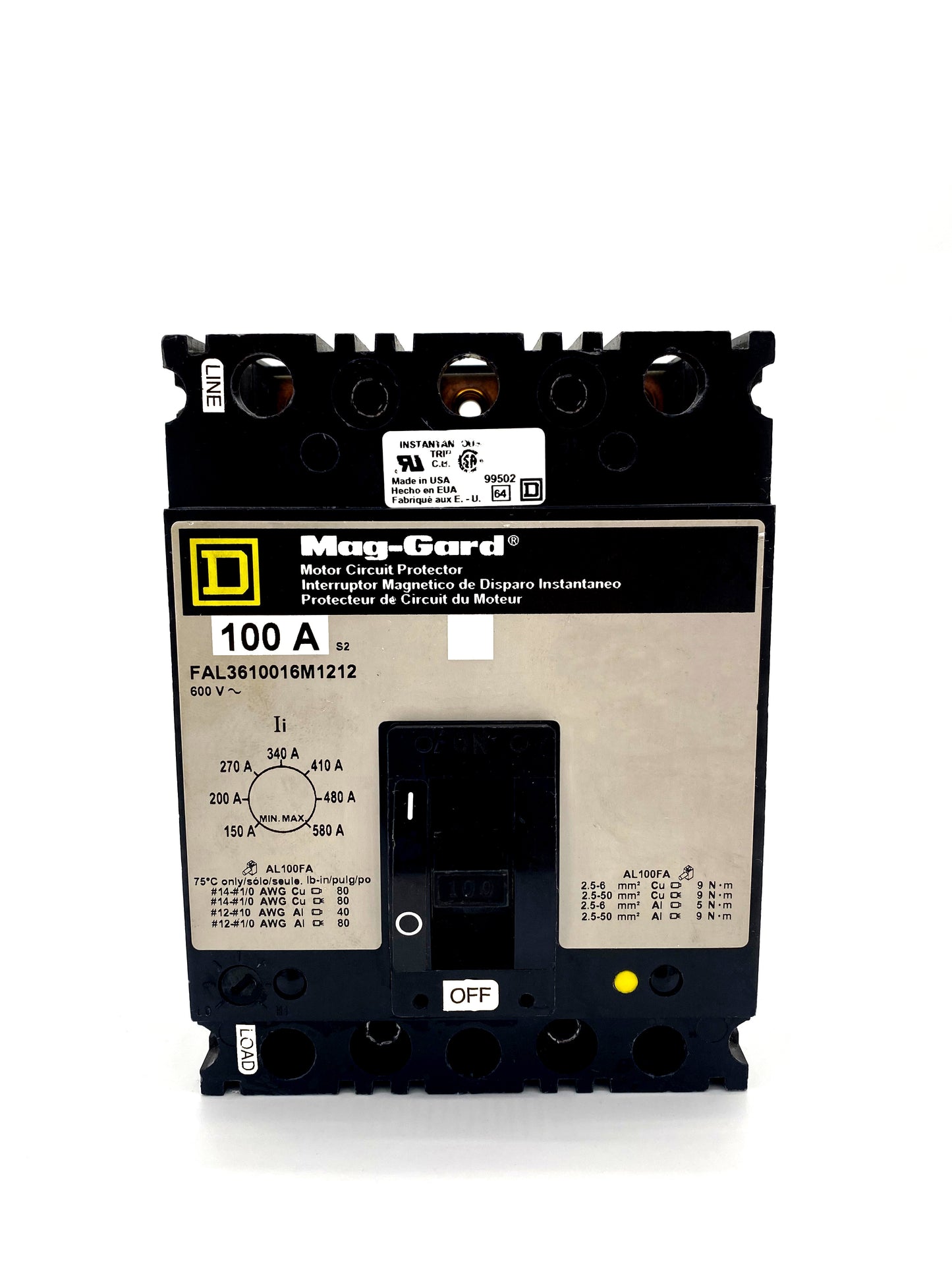 FAL3610016M FAL Frame Style, Molded Case Circuit Breaker, Magnetic Only Non-interchangeable Instantaneous Trip Unit, Motor Circuit Protection, 100 Ampere at 40 Degree Celsius, 3 Pole, Line and Load End Terminals Standard. New Surplus and Certified Reconditioned with 1 Year Warranty.
