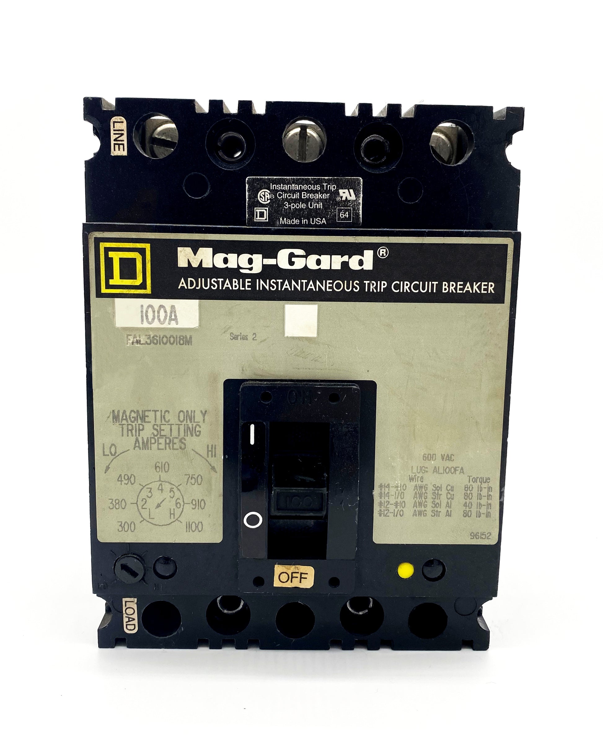 FAL3610018M FAL Frame Style, Molded Case Circuit Breaker, Magnetic Only Non-interchangeable Instantaneous Trip Unit, Motor Circuit Protection, 100 Ampere at 40 Degree Celsius, 3 Pole, Line and Load End Terminals Standard. New Surplus and Certified Reconditioned with 1 Year Warranty.
