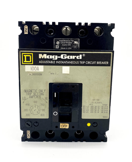 FAL3610018M FAL Frame Style, Molded Case Circuit Breaker, Magnetic Only Non-interchangeable Instantaneous Trip Unit, Motor Circuit Protection, 100 Ampere at 40 Degree Celsius, 3 Pole, Line and Load End Terminals Standard. New Surplus and Certified Reconditioned with 1 Year Warranty.