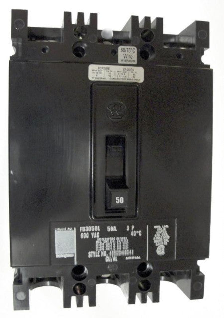 FB3050L FB Frame Style, Molded Case Circuit Breaker, Thermal Magnetic Non-interchangeable Trip Unit, 50 Ampere at 40 Degree Celsius, 3 Pole, 600 VAC @ 50/60HZ, Line and Load End Terminals Standard. New Surplus and Certified Reconditioned with 1 Year Warranty.