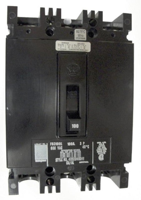 FB3100L FB Frame Style, Molded Case Circuit Breaker, Thermal Magnetic Non-interchangeable Trip Unit, 100 Ampere at 40 Degree Celsius, 3 Pole, 600 VAC @ 50/60HZ, Line and Load End Terminals Standard. New Surplus and Certified Reconditioned with 1 Year Warranty.