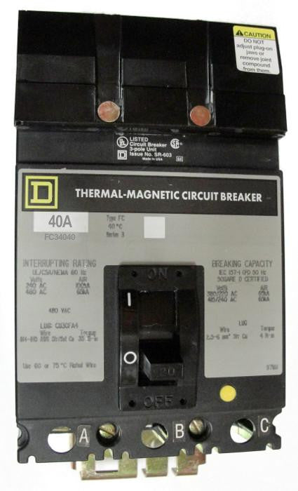 FC34040 FC (I-Line) Frame Style, Molded Case Circuit Breaker, Thermal Magnetic Non-interchangeable Trip Unit, 40 Ampere at 40 Degree Celsius, 3 Pole, Interrupting Ratings: 100 Kiloampere @ 240 VAC, 65 Kiloampere @ 480 VAC, Load End Terminals Standard. New Surplus and Certified Reconditioned with 1 Year Warranty.