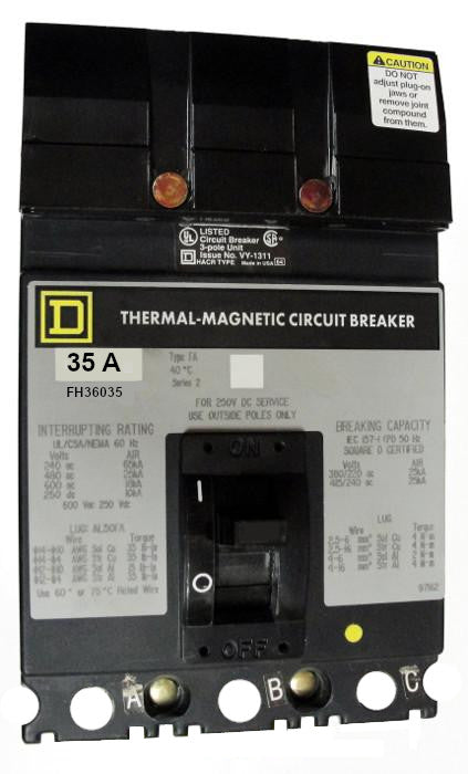 FH36035 FH (I-Line) Frame Style, Molded Case Circuit Breaker, Thermal Magnetic Non-interchangeable Trip Unit, 35 Ampere at 40 Degree Celsius, 3 Pole, Load End Terminals Standard. New Surplus and Certified Reconditioned with 1 Year Warranty.