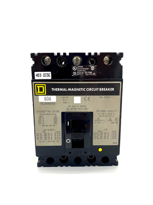FHL360601212 FHL Frame Style, Molded Case Circuit Breaker, Thermal Magnetic Non-interchangeable Trip Unit, 60 Ampere at 40 Degree Celsius, 3 Pole, with 1A-1B Auxilliary Switch Installed, Line and Load End Terminals Standard. New Surplus and Certified Reconditioned with 1 Year Warranty.