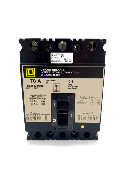 FHL360701212 FHL Frame Style, Molded Case Circuit Breaker, Thermal Magnetic Non-interchangeable Trip Unit, 70 Ampere at 40 Degree Celsius, 3 Pole, with 1A-1B Auxilliary Switch Installed, Line and Load End Terminals Standard. New Surplus and Certified Reconditioned with 1 Year Warranty.