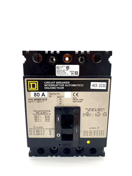 FHL360801212 FHL Frame Style, Molded Case Circuit Breaker, Thermal Magnetic Non-interchangeable Trip Unit, 80 Ampere at 40 Degree Celsius, 3 Pole, with 1A-1B Auxilliary Switch Installed, Line and Load End Terminals Standard. New Surplus and Certified Reconditioned with 1 Year Warranty.