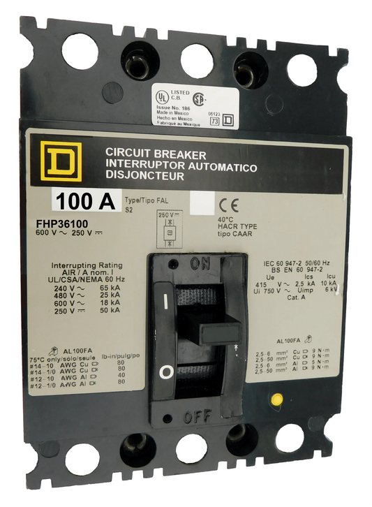 FHP36100 FHP Frame Style, Molded Case Circuit Breaker, Panel Mounted, Thermal Magnetic Non-interchangeable Trip Unit, 100 Ampere at 40 Degree Celsius, 3 Pole, Load End Terminals Only. New Surplus and Certified Reconditioned with 1 Year Warranty.