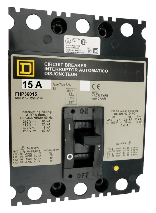 FHP36015 FHP Frame Style, Molded Case Circuit Breaker, Panel Mounted, Thermal Magnetic Non-interchangeable Trip Unit, 15 Ampere at 40 Degree Celsius, 3 Pole, Load End Terminals Only. New Surplus and Certified Reconditioned with 1 Year Warranty.