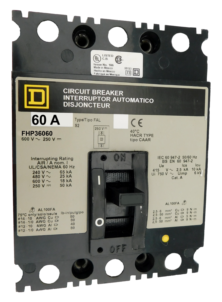 FHP36060 FHP Frame Style, Molded Case Circuit Breaker, Panel Mounted, Thermal Magnetic Non-interchangeable Trip Unit, 60 Ampere at 40 Degree Celsius, 3 Pole, Load End Terminals Only. New Surplus and Certified Reconditioned with 1 Year Warranty.