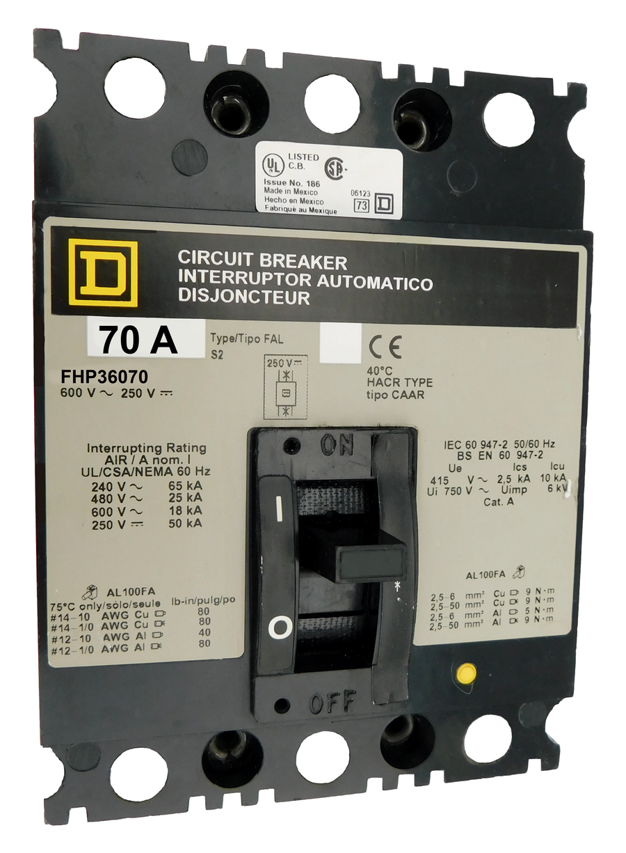 FHP36070 FHP Frame Style, Molded Case Circuit Breaker, Panel Mounted, Thermal Magnetic Non-interchangeable Trip Unit, 70 Ampere at 40 Degree Celsius, 3 Pole, Load End Terminals Only. New Surplus and Certified Reconditioned with 1 Year Warranty.