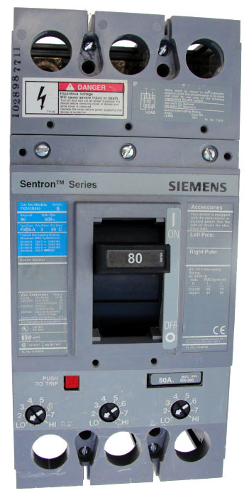 FXD63B080 FD Frame Style, Molded Case Circuit Breaker, Thermal Magnetic Non-Interchangeable Trip Unit, 80 Ampere at 40 Degree Celsius, 3 Pole, 240V AC, 480V AC, and 600V AC @ 50/60 HZ, 250V DC and 500V DC. New Surplus and Certified Reconditioned with 1 Year Warranty.