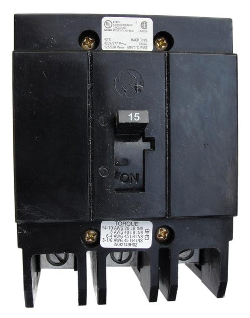 GHB3015 G Frame Style, Molded Case Circuit Breaker, Thermal Magnetic Non-interchangeable Trip Unit, 15 Ampere at 40 Degree Celsius, 3 Pole, 240 VAC, 480Y/277 VAC, 125/250 VDC, Load End Terminals Standard. New Surplus and Certified Reconditioned with 1 Year Warranty.