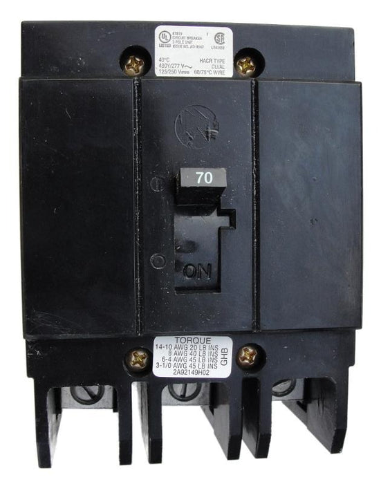 GHB3070 G Frame Style, Molded Case Circuit Breaker, Thermal Magnetic Non-interchangeable Trip Unit, 70 Ampere at 40 Degree Celsius, 3 Pole, 240 VAC, 480Y/277 VAC, 125/250 VDC, Load End Terminals Standard. New Surplus and Certified Reconditioned with 1 Year Warranty.