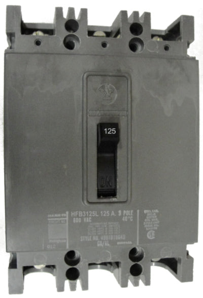 HFB3125L HFB Frame Style, Molded Case Circuit Breaker, Thermal Magnetic Non-interchangeable Trip Unit, 125 Ampere at 40 Degree Celsius, 3 Pole, 600 VAC @ 50/60HZ, Line and Load End Terminals Standard. New Surplus and Certified Reconditioned with 1 Year Warranty.