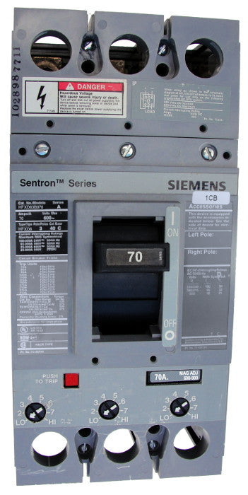 HFXD63B070 HFD Frame Style, Molded Case Circuit Breaker, High Interrupting Capacity, Thermal Magnetic Interchangeable or Non-Interchangeable Trip Unit, 70 Ampere at 40 Degree Celsius, 3 Pole, 240V AC, 480V AC, and 600V AC @ 50/60 HZ. New Surplus and Certified Reconditioned with 1 Year Warranty.