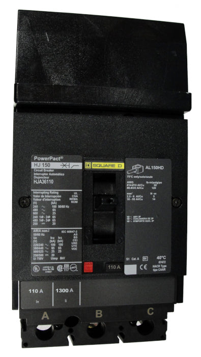 HJA36110 HJA Frame Style, PowerPact, Molded Case Circuit Breaker, Thermal Magnetic Non-interchangeable Trip Unit, 110 Ampere at 40 Degree Celsius, 3 Pole, Load End Terminals Standard. New Surplus and Certified Reconditioned with 1 Year Warranty.