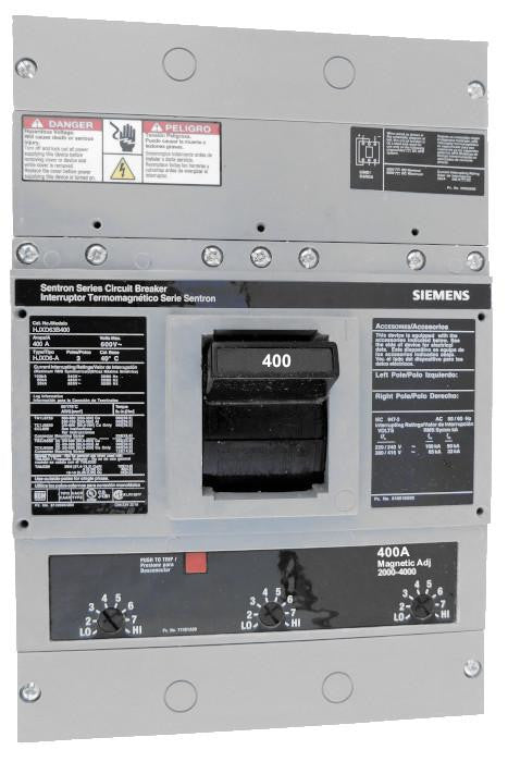 HJXD63B400 HJD Frame Style, Molded Case Circuit Breaker, High Interrupting Capacity, Thermal Magnetic Non-Interchangeable Trip Unit, 400 Ampere at 40 Degree Celsius, 3 Pole, 240V AC, 480V AC, and 600V AC @ 50/60 HZ. New Surplus and Certified Reconditioned with 1 Year Warranty.