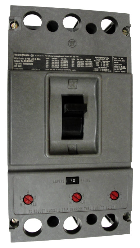 HKA3070 HKA Frame Style, Molded Case Circuit Breaker, Thermal Magnetic Non-Interchangeable Trip Unit, 70 Ampere at 40 Degree Celsius, 3 Pole, 600VAC @ 50/60HZ, Without Terminals. New Surplus and Certified Reconditioned with 1 Year Warranty.