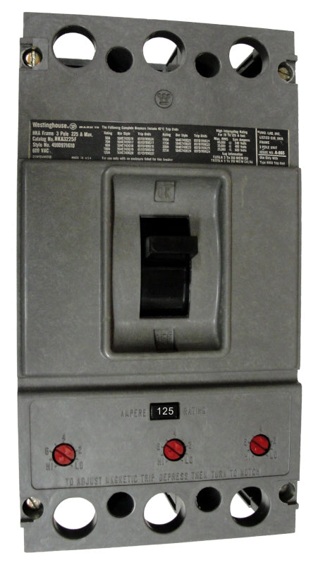 HKA3125 HKA Frame Style, Molded Case Circuit Breaker, Thermal Magnetic Non-Interchangeable Trip Unit, 125 Ampere at 40 Degree Celsius, 3 Pole, 600VAC @ 50/60HZ, Without Terminals. New Surplus and Certified Reconditioned with 1 Year Warranty.
