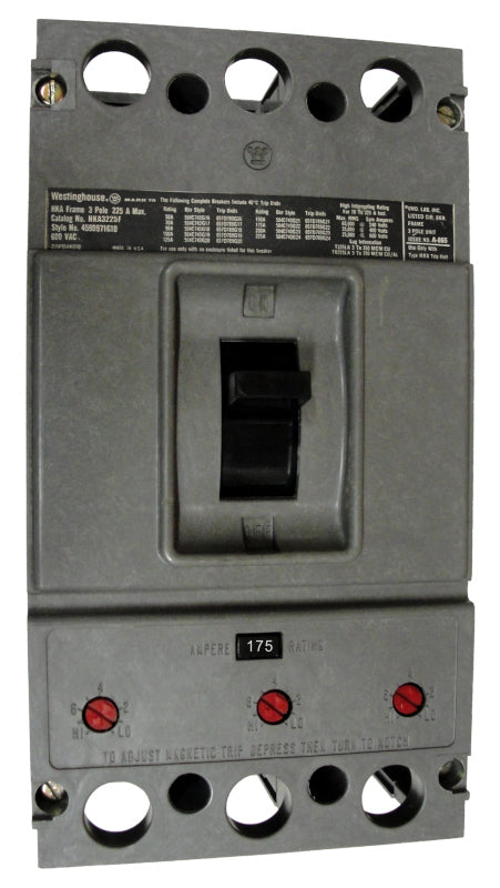 HKA3175 HKA Frame Style, Molded Case Circuit Breaker, Thermal Magnetic Non-Interchangeable Trip Unit, 175 Ampere at 40 Degree Celsius, 3 Pole, 600VAC @ 50/60HZ, Without Terminals. New Surplus and Certified Reconditioned with 1 Year Warranty. Hard to find customization options. We offer rush shipping!