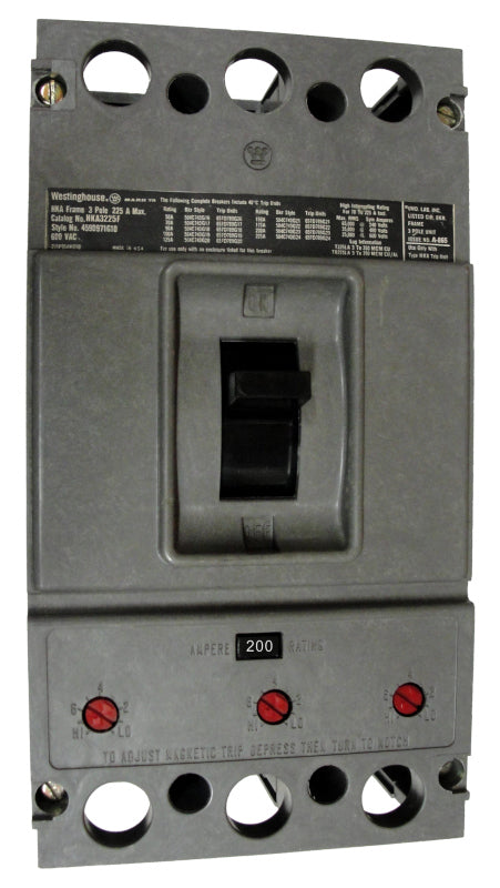 HKA3200 HKA Frame Style, Molded Case Circuit Breaker, Thermal Magnetic Non-Interchangeable Trip Unit, 200 Ampere at 40 Degree Celsius, 3 Pole, 600VAC @ 50/60HZ, Without Terminals. New Surplus and Certified Reconditioned with 1 Year Warranty.