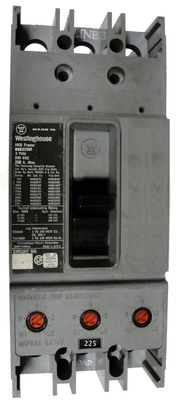 HKB3225 HKB Frame Style, Molded Case Circuit Breaker, Thermal Magnetic Non-Interchangeable Trip Unit, 225 Ampere at 40 Degree Celsius, 3 Pole, 600VAC @ 50/60HZ, Interrupting Ratings: 65 Kiloampere @ 240VAC, 25 Kiloampere @ 480VAC, 18 Kiloampere @ 600VAC. Certified Reconditioned with 1 Year Warranty.