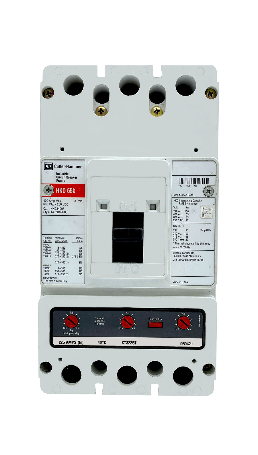 HKD3225 HKD Frame Style, Molded Case Circuit Breaker, High Interrupting Capacity, Thermal Magnetic Interchangeable Trip Unit, 225 Ampere at 40 Degree Celsius, 3 Pole, 600VAC @ 50/60HZ. New Surplus and Certified Reconditioned with 1 Year Warranty.