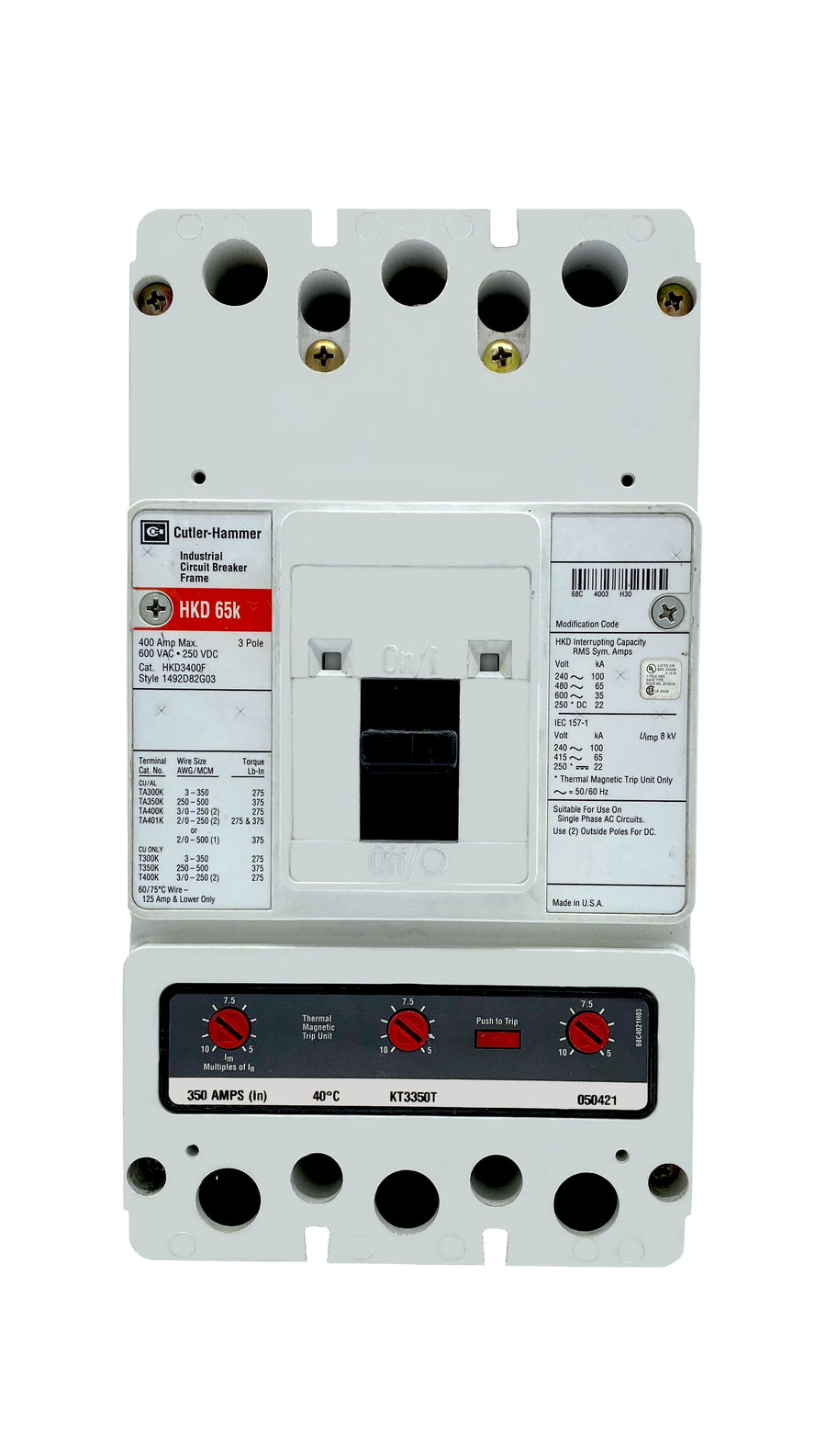 HKD3350 HKD Frame Style, Molded Case Circuit Breaker, High Interrupting Capacity, Thermal Magnetic Interchangeable Trip Unit, 350 Ampere at 40 Degree Celsius, 3 Pole, 600VAC @ 50/60HZ. New Surplus and Certified Reconditioned with 1 Year Warranty.