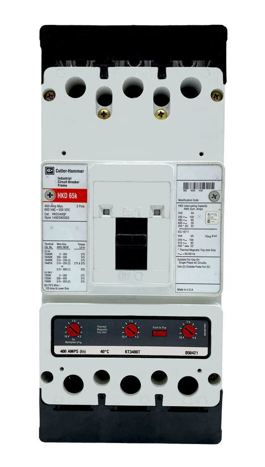 HKD3400 HKD Frame Style, Molded Case Circuit Breaker, High Interrupting Capacity, Thermal Magnetic Interchangeable Trip Unit, 400 Ampere at 40 Degree Celsius, 3 Pole, 600VAC @ 50/60HZ. New Surplus and Certified Reconditioned with 1 Year Warranty.