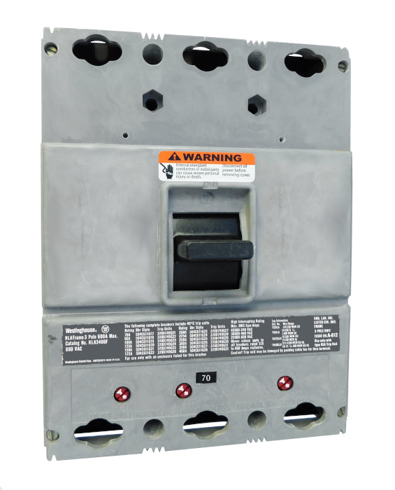 HLA3070 (400 Amp Max Frame) Magnetic Interchangeable Trip Unit, 70 Ampere at 40 Degree Celsius, 3 Pole, 600VAC @ 50/60HZ, High Interrupting Style, Interrupting Ratings: 75 Kiloampere @ 240VAC, 40 Kiloampere @ 480VAC, 30 Kiloampere @ 600VAC, Without Terminals. New Surplus and Certified Reconditioned with 1 Year Warranty.