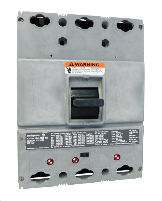 HLA3090 (400 Amp Max Frame) HLA Frame Style, 400 Amp Max Frame, Molded Case Circuit Breaker, Mark 75, Thermal Magnetic Interchangeable Trip Unit, 90 Ampere at 40 Degree Celsius, 3 Pole, 600VAC @ 50/60HZ, High Interrupting Style, Without Terminals. New Surplus and Certified Reconditioned with 1 Year Warranty.