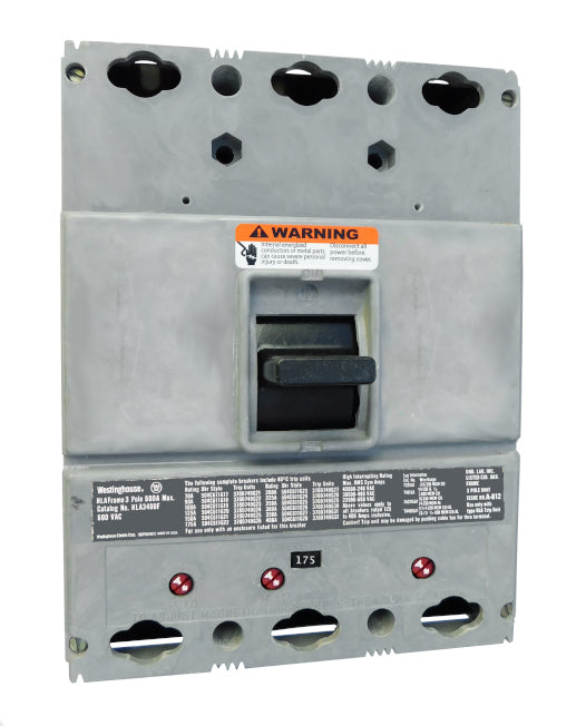 HLA3175 (400 Amp Max Frame) HLA Frame Style, 400 Amp Max Frame, Molded Case Circuit Breaker, Mark 75, Thermal Magnetic Interchangeable Trip Unit, 175 Ampere at 40 Degree Celsius, 3 Pole, 600VAC @ 50/60HZ, High Interrupting Style, Without Terminals. New Surplus and Certified Reconditioned with 1 Year Warranty.