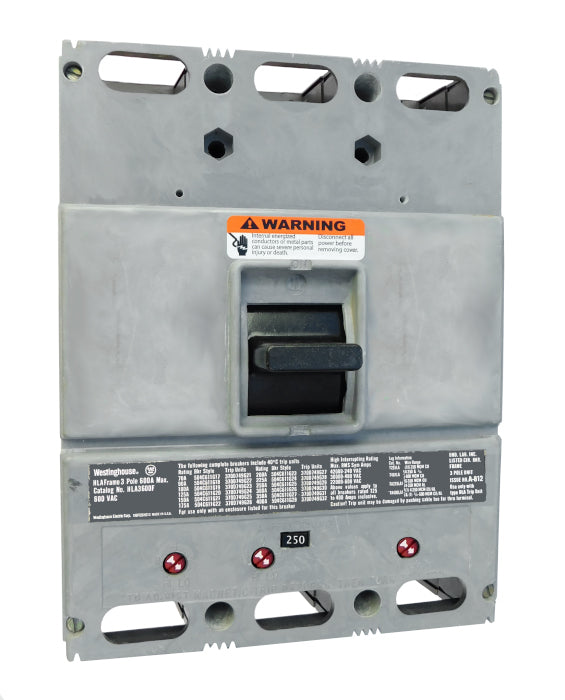 HLA3250 (600 Amp Max Frame) HLA Frame Style, 600 Amp Max Frame, Molded Case Circuit Breaker, Mark 75, Thermal Magnetic Interchangeable Trip Unit, 250 Ampere at 40 Degree Celsius, 3 Pole, 600VAC @ 50/60HZ, High Interrupting Style, Without Terminals. New Surplus and Certified Reconditioned with 1 Year Warranty.