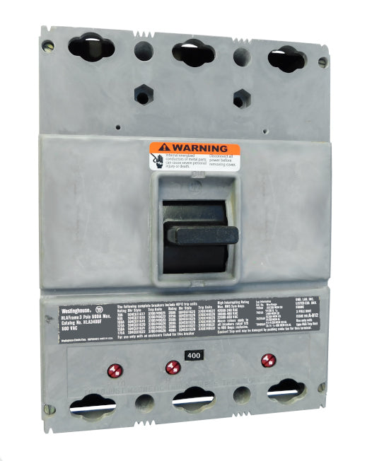 HLA3400 (400 Amp Max Frame) HLA Frame Style, 400 Amp Max Frame, Molded Case Circuit Breaker, Mark 75, Thermal Magnetic Interchangeable Trip Unit, 400 Ampere at 40 Degree Celsius, 3 Pole, 600VAC @ 50/60HZ, High Interrupting Style, Without Terminals. New Surplus and Certified Reconditioned with 1 Year Warranty.