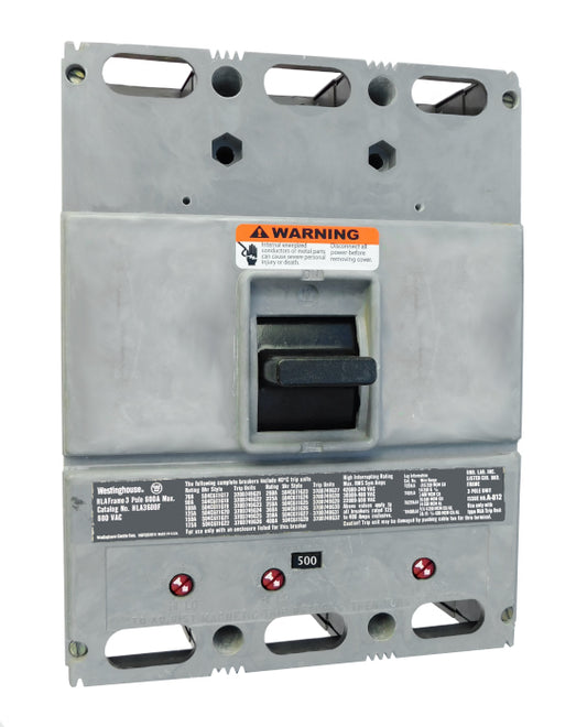 HLA3500 (600 Amp Max Frame) HLA Frame Style, 600 Amp Max Frame, Molded Case Circuit Breaker, Mark 75, Thermal Magnetic Interchangeable Trip Unit, 500 Ampere at 40 Degree Celsius, 3 Pole, 600VAC @ 50/60HZ, High Interrupting Style, Without Terminals. New Surplus and Certified Reconditioned with 1 Year Warranty.