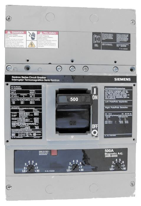 HLXD63B500 HLD Frame Style, Molded Case Circuit Breaker, High Interrupting Capacity, Thermal Magnetic Non-Interchangeable Trip Unit, 500 Ampere at 40 Degree Celsius, 3 Pole, 240V AC, 480V AC, and 600V AC @ 50/60 HZ. New Surplus and Certified Reconditioned with 1 Year Warranty.