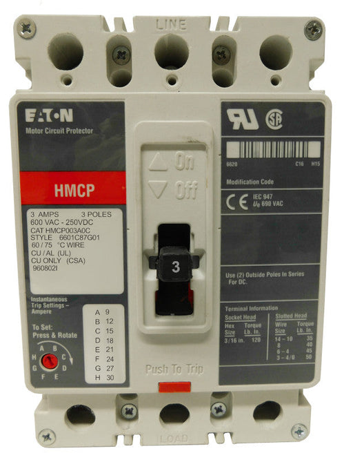 HMCP003A0C Motor Circuit Protector (MCP), F Frame Style, Molded Case Circuit Breaker, Magnetic Non-interchangeable Trip Unit, Instantaneous-only, 3 Amperes, 3 Pole, 9-30 Trip Setting, Non-aluminum Terminals Standard, 600VAC, 250VDC Maximum. New Surplus and Certified Reconditioned with 1 Year Warranty.