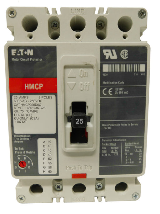 HMCP025D0C Motor Circuit Protector (MCP), F Frame Style, Molded Case Circuit Breaker, Magnetic Non-interchangeable Trip Unit, 25 Amperes, 3 Pole, 40-60 Trip Setting, Non-aluminum Terminals Standard, 600VAC, 250VDC Maximum. New Surplus and Certified Reconditioned with 1 Year Warranty.