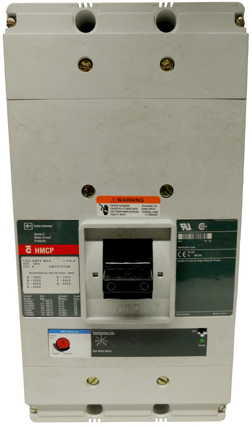 HMCP12Y8W Motor Circuit Protector (MCP),N Frame Style, Molded Case Circuit Breaker, Magnetic Non-interchangeable Trip Unit, Instantaneous-only, 1200 Amperes, 3 Pole, 2400-9600 Trip Setting, Without Terminals Standard, 600VAC. New Surplus and Certified Reconditioned with 1 Year Warranty.