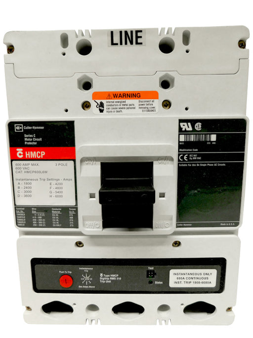 HMCP600L6W Motor Circuit Protector (MCP),L Frame Style, Molded Case Circuit Breaker, Magnetic Non-interchangeable Trip Unit, Instantaneous-only, 600 Amperes, 3 Pole, 1800-6000 Trip Setting, Without Terminals Standard, 600VAC. New Surplus and Certified Reconditioned with 1 Year Warranty.