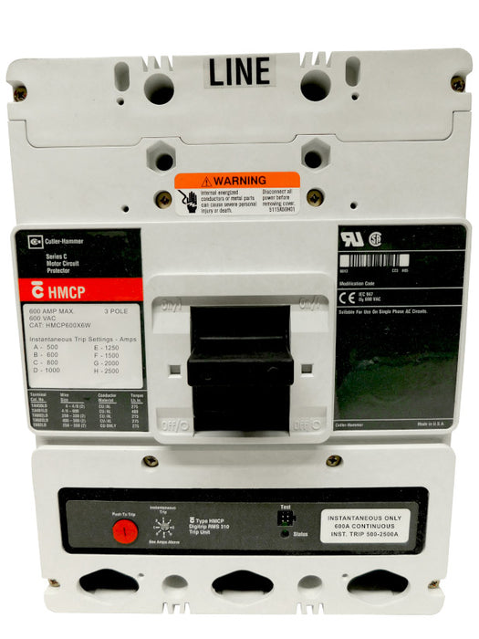 HMCP600X6W Motor Circuit Protector (MCP),L Frame Style, Molded Case Circuit Breaker, Magnetic Non-interchangeable Trip Unit, Instantaneous-only, 600 Amperes, 3 Pole, 500-2500 Trip Setting, Without Terminals Standard, 600VAC. New Surplus and Certified Reconditioned with 1 Year Warranty.
