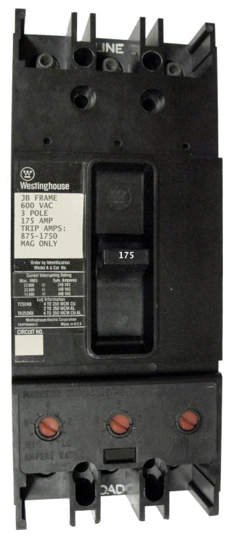 JB3175 JB Frame Style, Molded Case Circuit Breaker, Thermal Magnetic Non-Interchangeable Trip Unit, 175 Ampere at 40 Degree Celsius, 3 Pole, 600VAC @ 50/60HZ. New Surplus and Certified Reconditioned with 1 Year Warranty.