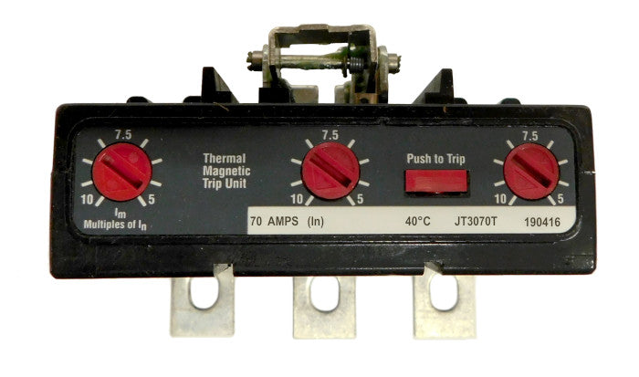 JT3070T Trip Unit, J Frame Style, Thermal-Magnetic, 70 Ampere at 40 Degree Celsius, 3Pole, 600VAC, Magnetic Trip Adjustment at 5-10 Times Continuous Ampere Rating. New Surplus and Certified Reconditioned with 1 Year Warranty. 