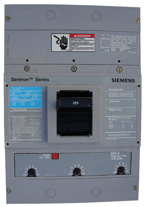 JXD63B225 JD Frame Style, Molded Case Circuit Breaker, Thermal Magnetic Non-Interchangeable Trip Unit, 225 Ampere at 40 Degree Celsius, 3 Pole, 240V AC, 480V AC, and 600V AC @ 50/60 HZ, Without Terminals Standard. New Surplus and Certified Reconditioned with 1 Year Warranty.