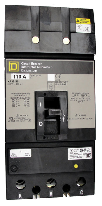 KA36110 KA (I-Line) Frame Style, Molded Case Circuit Breaker, Thermal Magnetic Non-interchangeable Trip Unit, 110 Ampere at 40 Degree Celsius, 3 Pole, Load End Terminals Standard. New Surplus and Certified Reconditioned with 1 Year Warranty.