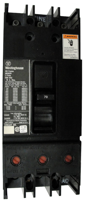 KB3070 KB Frame Style, Molded Case Circuit Breaker, Thermal Magnetic Non-Interchangeable Trip Unit, 70 Ampere at 40 Degree Celsius, 3 Pole, 600VAC @ 50/60HZ, Interrupting Ratings: 25 Kiloampere @ 240VAC, 22 Kiloampere @ 480VAC, 14 Kiloampere @ 600VAC. New Surplus and Certified Reconditioned with 1 Year Warranty.