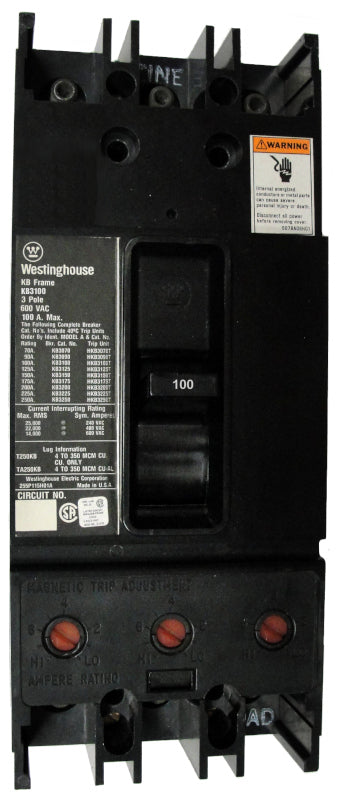 KB3100 KB Frame Style, Molded Case Circuit Breaker, Thermal Magnetic Non-Interchangeable Trip Unit, 100 Ampere at 40 Degree Celsius, 3 Pole, 600VAC @ 50/60HZ, Interrupting Ratings: 25 Kiloampere @ 240VAC, 22 Kiloampere @ 480VAC, 14 Kiloampere @ 600VAC. New Surplus and Certified Reconditioned with 1 Year Warranty.