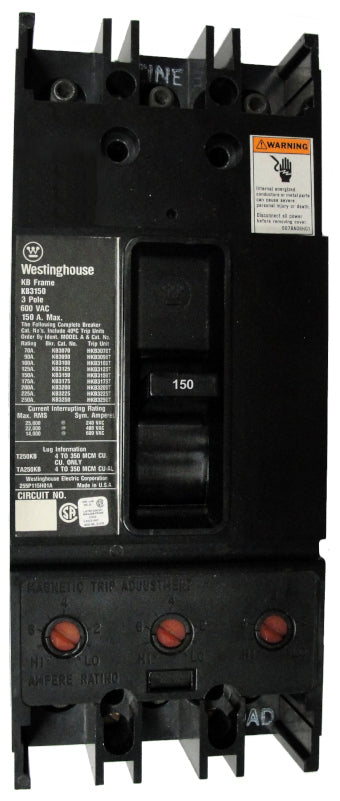 KB3150 KB Frame Style, Molded Case Circuit Breaker, Thermal Magnetic Non-Interchangeable Trip Unit, 150 Ampere at 40 Degree Celsius, 3 Pole, 600VAC @ 50/60HZ, Interrupting Ratings: 25 Kiloampere @ 240VAC, 22 Kiloampere @ 480VAC, 14 Kiloampere @ 600VAC. New Surplus and Certified Reconditioned with 1 Year Warranty.