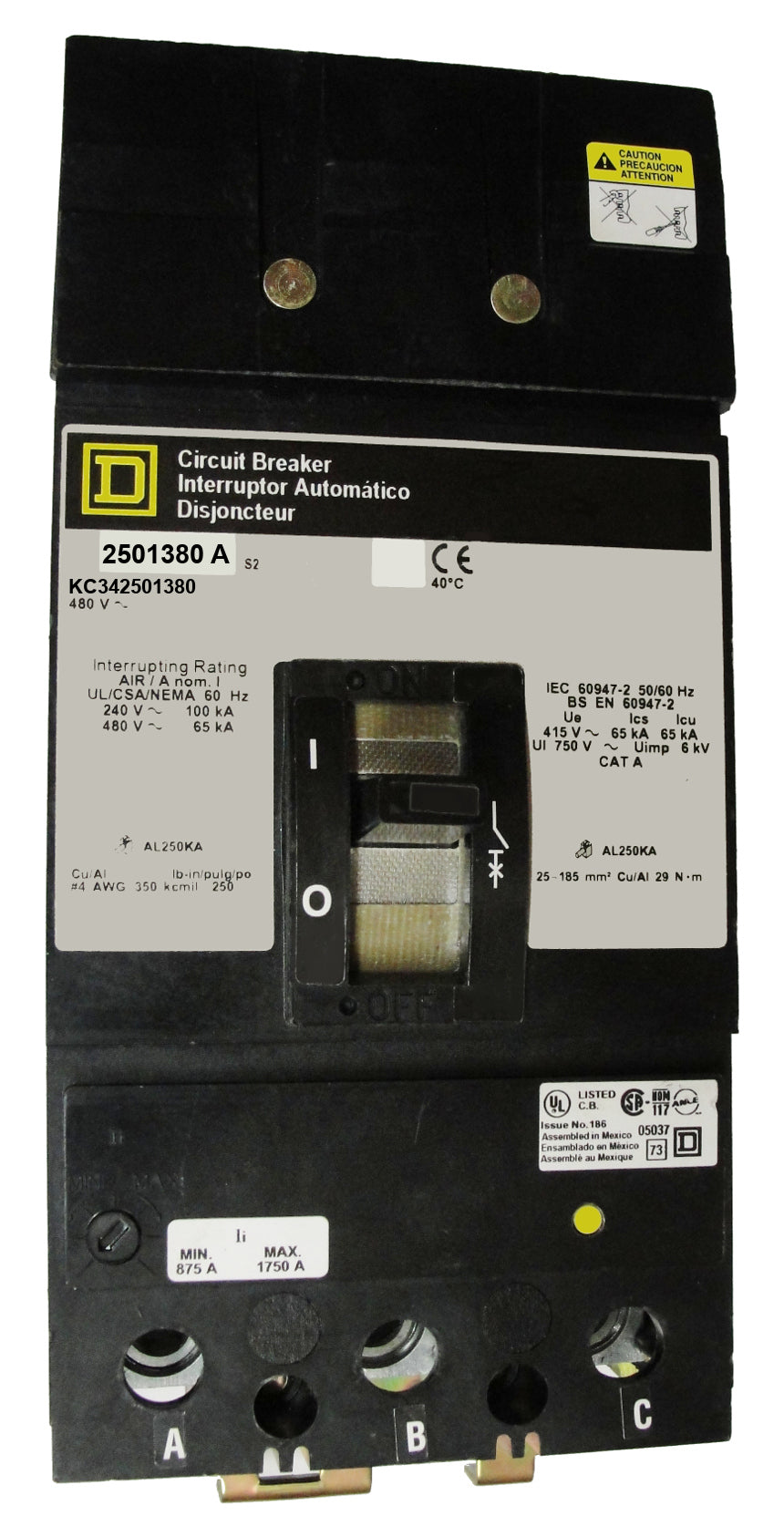 KC342501380 KC (I-Line) Frame Style, Molded Case Circuit Breaker, Thermal Magnetic Non-interchangeable Trip Unit, 250 Ampere at 40 Degree Celsius, 3 Pole, with 1A-1B Auxilliary Switch Installed, with 120-240VAC Shunt Installed, Load End Terminals Standard. New Surplus and Certified Reconditioned with 1 Year Warranty.