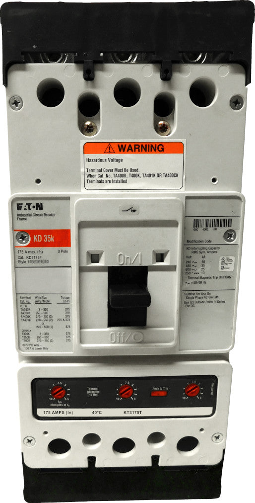 KD3175 KD Frame Style, Molded Case Circuit Breaker, Thermal Magnetic Interchangeable Trip Unit, 175 Ampere at 40 Degree Celsius, 3 Pole, 600VAC @ 50/60HZ, Interrupting Ratings: 65 Kiloampere @ 240VAC, 35 Kiloampere @ 480VAC, 25 Kiloampere @ 600VAC, 10 Kiloampere @ 250VDC. New Surplus and Certified Reconditioned with 1 Year Warranty.